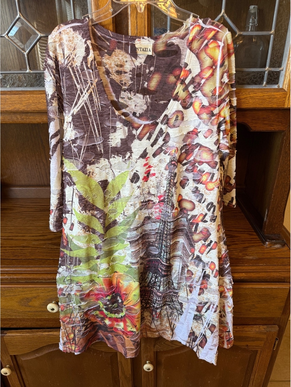 Fantazia Mesh Top Eiffel Tower Paris Print Boho Y2K Art Sheer Overlay Top L